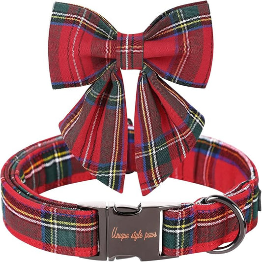 Unique style paws Christmas Dog Collar with Bow Tie Red Plaid Puppy Collar for Small Medium Large Dogs as Autumn Winter Gifts -XS