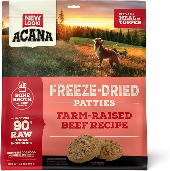 ACANA Grain-Free High Protein Freeze Dried Dog Food & Topper Ranch-Raised Beef Recipe Patties 14oz Bag