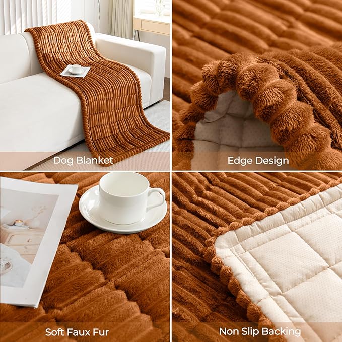 Faux Fur Plush Dog Couch Cover 3D Stripe Fuzzy Sofa Cover Non-Slip Fluffy Dog Bed Cover Pet Blanket Sofa Couch Furniture Protector for Puppy Large Dog Cat (Brown,28"x70")