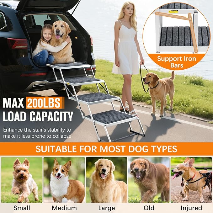 Dog Stairs for Large Dogs - 20" Extra Wide 4-Step Foldable Dog Ramp for Car/SUV/Truck & High Beds - Supports Large Dogs up to 200Lbs