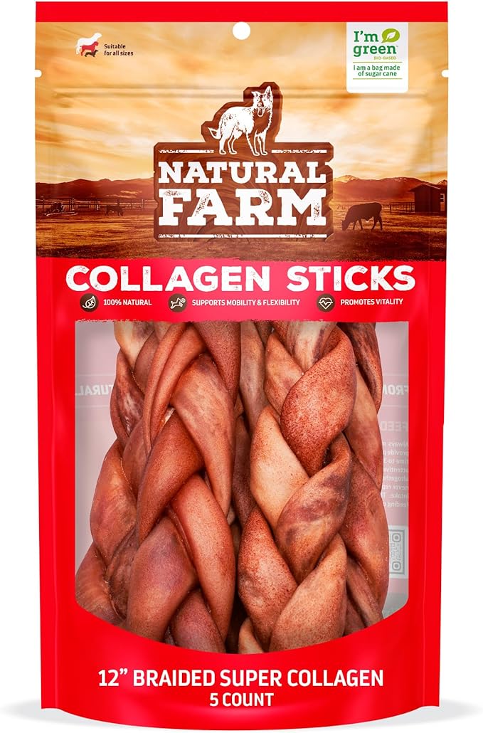 Natural Farm Odor-Free Super Braided Collagen Dog Chews (12-Inch, 5-Pack) First Ever Real Bull Sticks Alternative: 100% Natural Angus Hide Collagen Treats - More Protein, More Chew Time for All Dogs