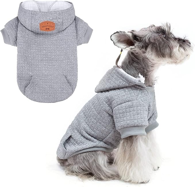 BEAUTYZOO Small Dog Hoodie Sweater with Pockets, Dog Clothes for Small Medium Dogs Boy Girl, Waffle-like Laminated Cotton Pet Coats with Hat and Leash Hole, All Weather Coat for Puppy Doggie Chihuahua