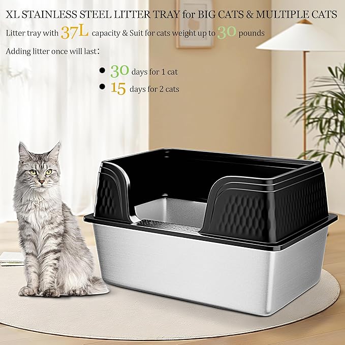 Vealind XXL Stainless Steel Cat Litter Box High Sided with Lid 23.7" L x 16" W x 12" H Side Entry Extra Large Metal Cat Litter Pan with Scoop and Mat for Big Cats Black