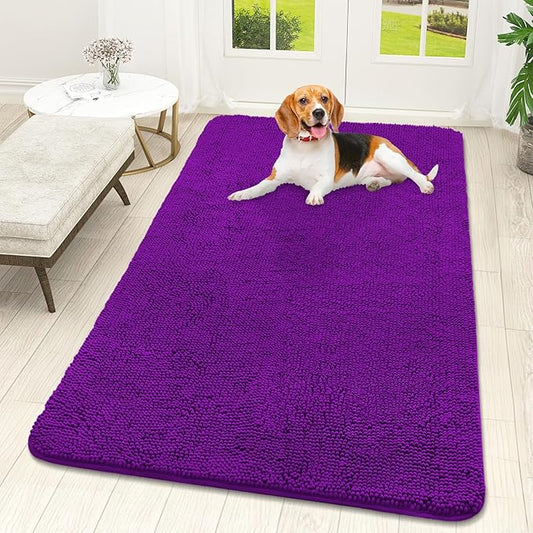 OLANLY Dog Door Mat for Muddy Paws 59x32, Absorbs Moisture and Dirt, Absorbent Non-Slip Washable Doormat, Quick Dry Chenille Mud Mat for Dogs, Entry Indoor Entryway Carpet for Inside Floor, Purple