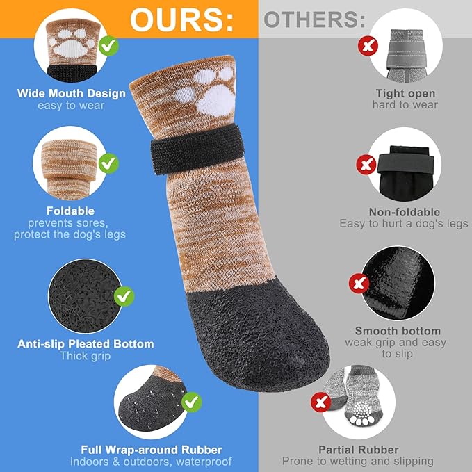 BEAUTYZOO Waterproof Dog Shoes for Small Medium Large Size Dogs, Dog Booties to Prevent Licking for Hardfloors Floors,6 PCS Grip Dog Socks Senior Dog Boots & Paw Protectors for Winter Snow Rain Hiking