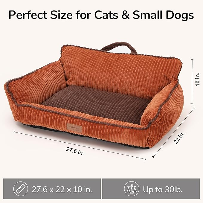 FUKUMARU Cat Couch Bed, Fluffy Corduroy Cat Beds for Indoor Cats with Washable Cover, Waterproof Small Dog Sofa Beds with Portable Handle and Anti-Slip Bottom, Pet Beds & Furniture 28inch, Orange