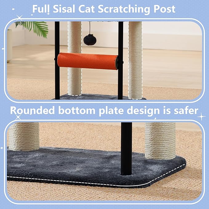 Hey-brother Cat Tree, Cat Scratching Posts with Bed, Sturdy Tower with Fully Sisal-Wrapped Columns and Plush Toy Ball for Indoor Kittens, 18.9 inches, Smoky Gray MPJ010SG