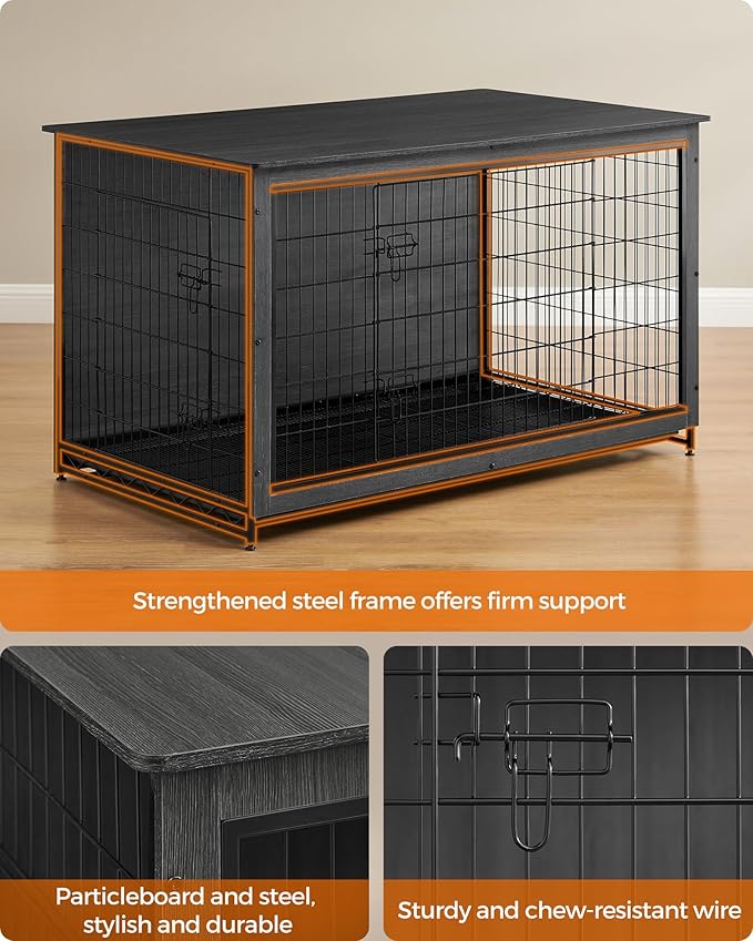 Feandrea Dog Crate Furniture, 56.1" Modern Kennel for Dogs Indoor up to 105 lb, Heavy-Duty Dog Cage with Multi-Purpose Removable Tray, Double-Door Dog House, Ink Black UPFC005B01