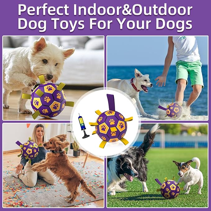 QDAN Dog Ropes Toys, Soccer Ball with Straps, Dogs Water Toy, Durable Dog Balls for Small Medium Breed（6 Inch）