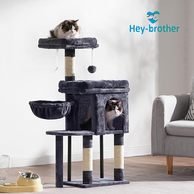 Hey-brother Cat Tree Tower, Scratching Posts with Cozy Condo, Padded Bed, Hammock, Plush Perch, Sisal Post and Ball for Indoor Kittens, 44.9 Inches, Smoky Gray MPJ009SG