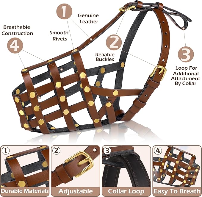 OOPSDOGGY German Shepherd Dog Muzzle for Large Dogs - Leather Breathable Secure Basket Muzzle for Large Breeds Prevents Biting No Chewing Adjustable (Brown, Size 8 - German Shepherd)
