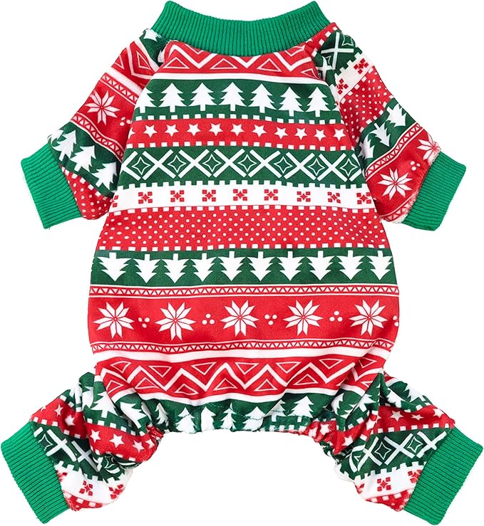 Fitwarm Dog Christmas Outfit, Holiday Pet Clothes for Small Dogs Boy Girl, Festive Pajamas with Feet, Puppy Onesie, Red, Green, Medium