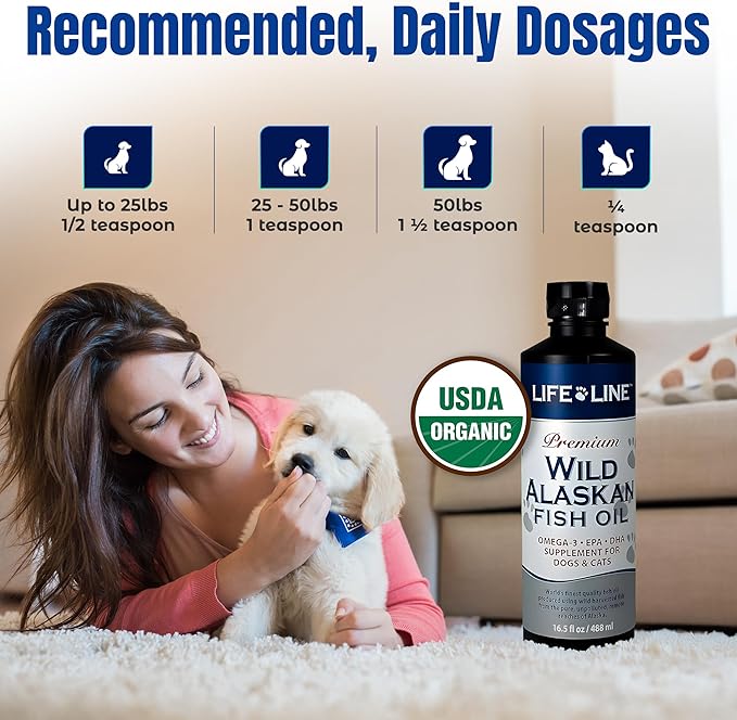 Life Line Pet Nutrition Wild Alaskan Fish Oil Omega-3 Supplement for Skin & Coat – Supports Brain, Eye & Heart Health in Dogs & Cats, 16.5oz