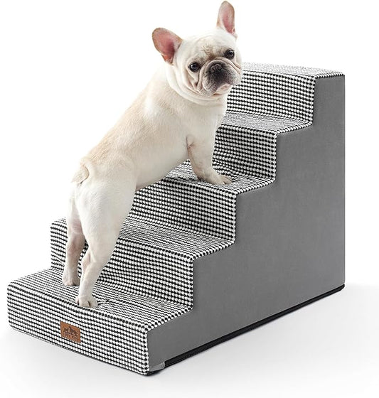 Dog Stairs for Small Dogs, 5 Tier Wider Pet Stairs for High Beds, 23.6" H Non-Slip Dog Steps for Old Cats, Puppies, Small Medium Dogs, 19.7x29.5x23.6 inch, White Black