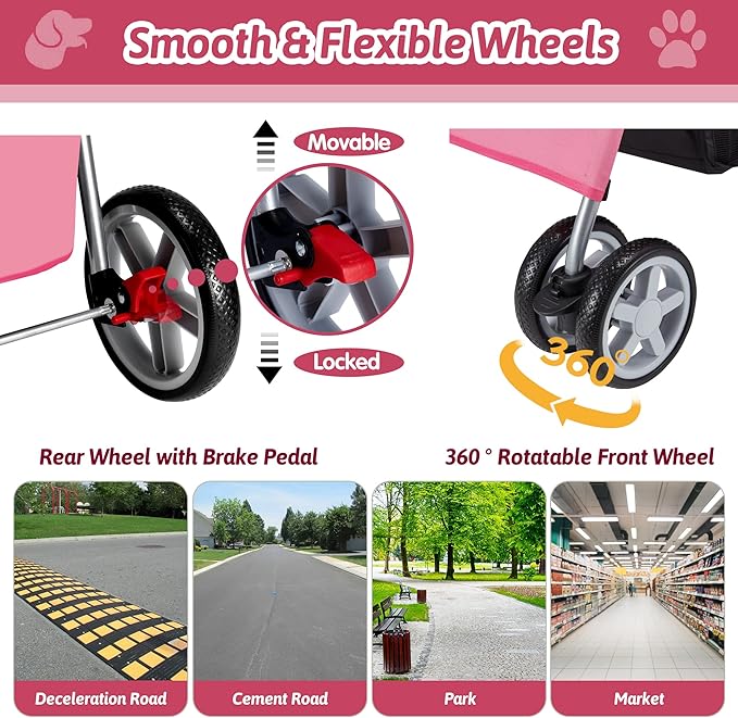 Pet Stroller, 4 Wheels Pet Strolling Cart for Medium/Small Dogs and Cats, Foldable Cat Jogger/Dog Stroller with Cup Holder, Storage Basket, Breathable Mesh, All-Season Pet Carrier, Pink