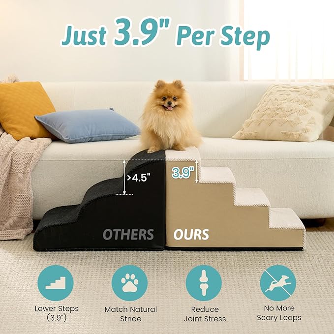 Low Dog Stairs for Small Dogs 15.7" H, Pet Steps for Couch Sofa Chair with Washable Cover, Non-Slip Indoor Ramp for Puppy Older Cats, 4 Step, Beige