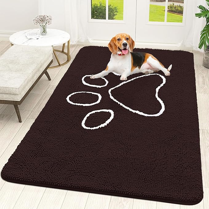 OLANLY Dog Door Mat for Muddy Paws 59x35, Paw Print Design, Absorbs Moisture and Dirt, Absorbent Non-Slip Washable Doormat, Quick Dry Chenille Mud Mat for Dogs, Entry Indoor Entryway Carpet, Brown