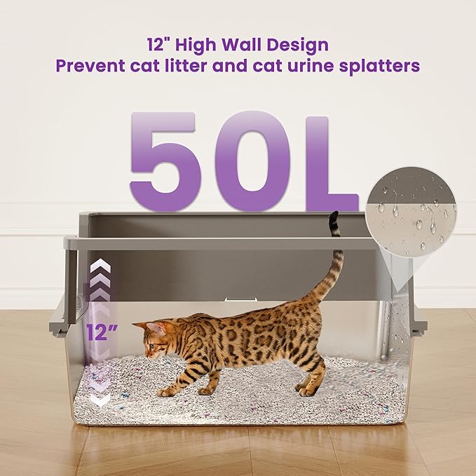XXXL Stainless Steel Litter Box for Cats, 28''x20''x12'' Extra Large Metal Litter Box with High Sided Lid, for Big Cats, Multi-Cat Household, Non-Sticky & Easy to Clean