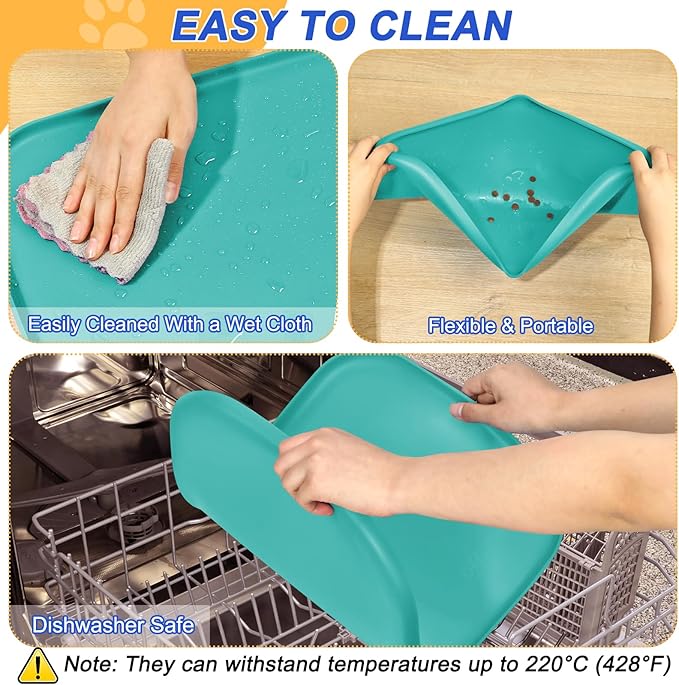 Silicone Pet Feeding Mat with Raised Edge for Food and Water, Dog Bowl Mats, Cat Bowls Placemat with High Lip for Floor Waterproof, Rubber Tray for Cats and Dogs 22 x 14 x0.8 Dark Turquoise