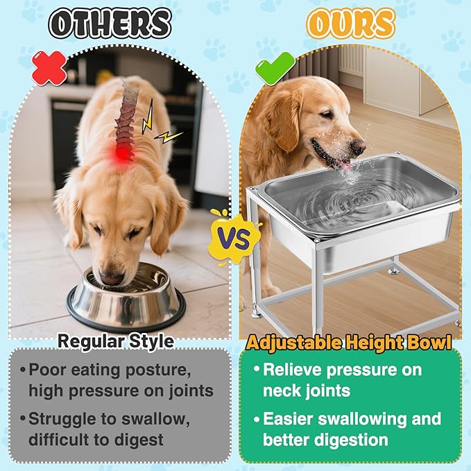 2 Gallons Large Elevated Dog Water Bowl - 3 Height Adjustable (8.5'', 10'', 11.6'') Raised Stand, Stainless Steel Dog Bowl for Medium Large Dogs Relief Joint Pressure