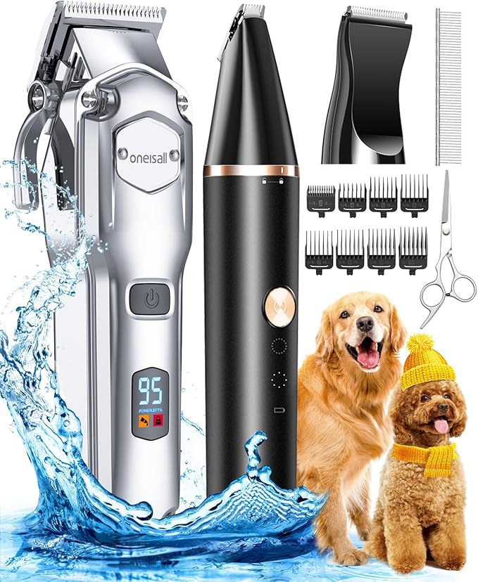 oneisall Dog Grooming Kit for Heavy Thick Hair&Coats/Low Noise Rechargeable Cordless Waterproof Dog Clippers for Grooming Animals&Pets/Pet Shaver with Stainless Steel Blade and Paw Trimmer