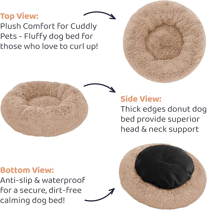 Donut Dog Bed - Premium Comfort for Anxiety Relief - Fluffy & Calming Design with Ultra-Plush Support | Cozy Round Dog Bed with Super Soft Circle Style (Size S Camel)