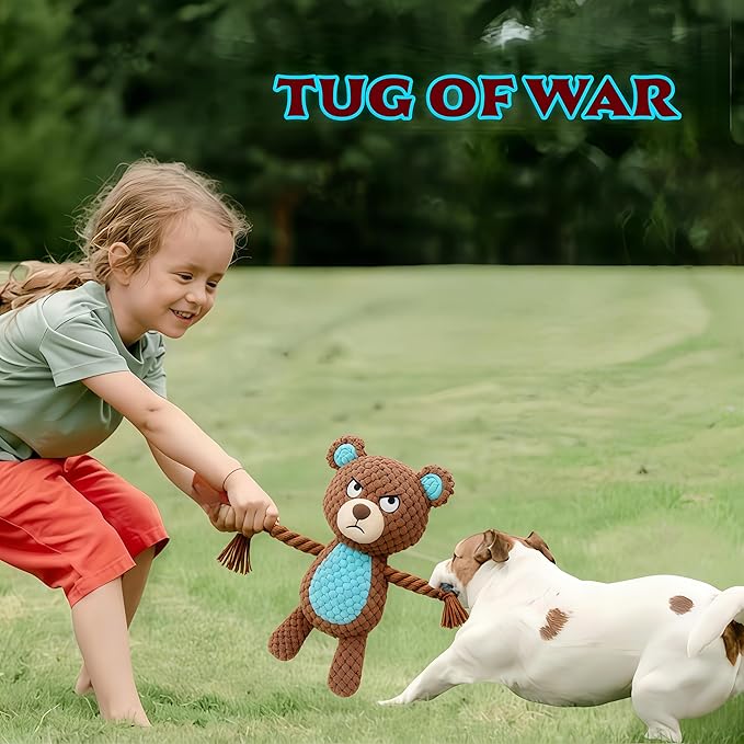 Plush Bear Dog Toy with Rope Arms, Squeaky Interactive Pet Toy, Brown and Blue, for Small & Medium Dogs