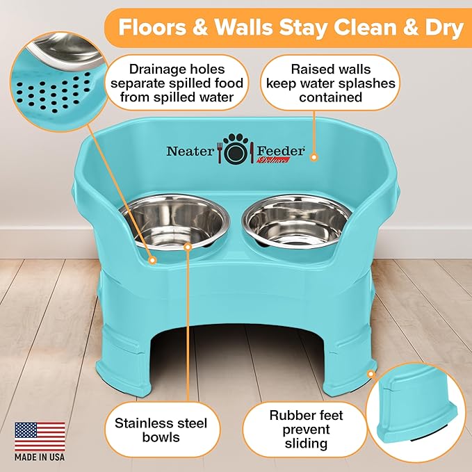 Neater Feeder Deluxe Mess Proof Dog Bowls Elevated Medium Sized Dogs (19-40 lbs) Made in USA, No Spill Raised Dog Food Bowl Stand w/Leg Extension, Stainless Steel Food and Water Bowl Set, Aquamarine