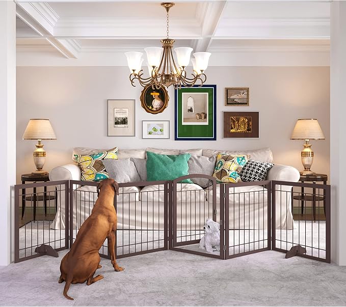 JSB 144-inch Extra Wide 30-inch Tall Dog gate with Door Walk Through, Freestanding Pet Gate for Halls, Stairs & Home, Pet Puppy Safety Dog Fence with 2PCS Support Feet (Espresso)