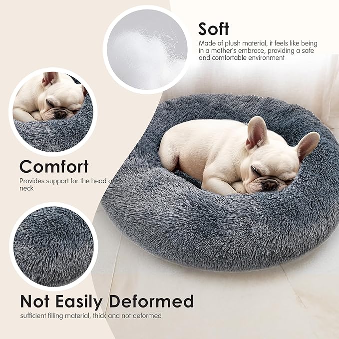 28in Large Dog Bed, Medium Size Dog and Cats, Calming Donut Bed for Puppy and Kitten, Washable Round Fluffy Pet Bed (Dark Grey)