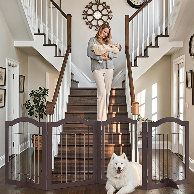 Vantas Folding No-Assembly Dog Door Pet Gate 96" Wide, 30" Tall Wooden Dog Gate with Door Walk Through, Freestanding Wire Pet Gate, Pet Puppy Safety Fence, with 2PCS Support – Espresso