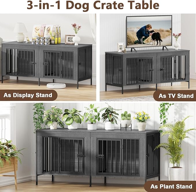EasyCom Dog Crate Furniture for 1 or 2 Dogs, Heavy Duty Single/Double Dog Crates for Small/Medium/Large Dogs, Dog Kennel Furniture Indoor as TV Stand, Small Size 55.12" L(0-20 Pounds), Dark Grey