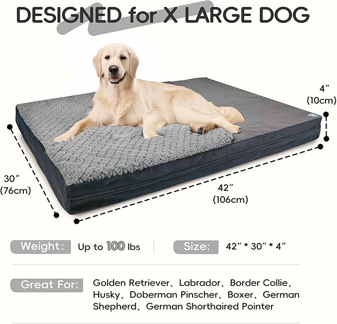 Sytopia Washable Indestructible 42" Dog Bed for Large Dogs – Double-Sided Plush, Chew Proof, Waterproof, Thick Orthopedic Support, Durable Multi- Size Comfort Clearance Indoor Flat Dog Bed