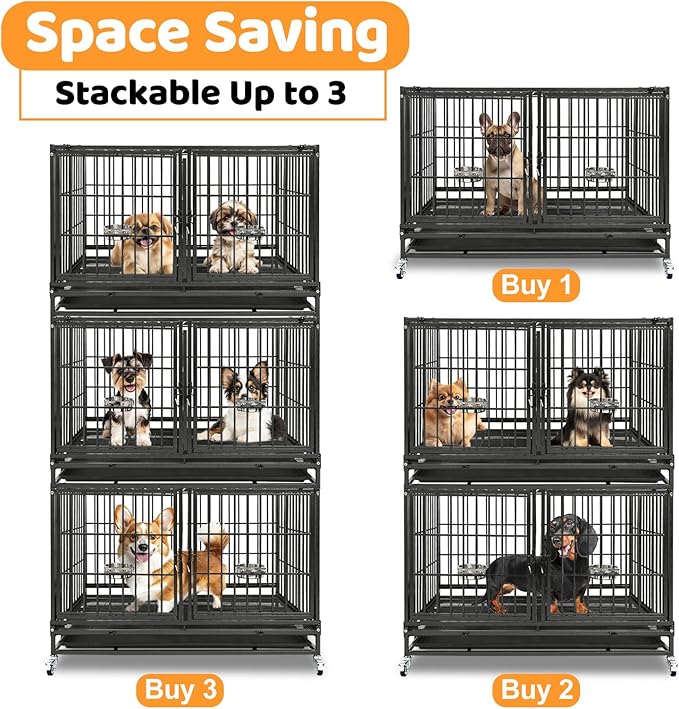 Homey Pet 42 inch Stackable Heavy Duty Dog Crate Cage on Wheels with Divider, 2 Bowls, 4 Lockable Wheels, Tray, Indestructible Escape Proof Medium Sized Dog Kennel Indoor