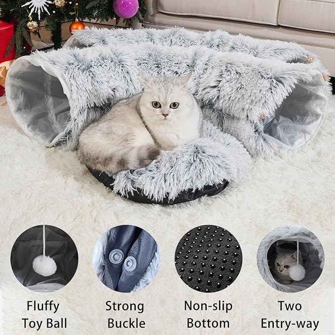 Cat Tunnel Bed for Indoor Cats, Donut Tunnel Toys for Multiple & Large Cats, Under Christmas Tree Skirt, Bed Cave Hideaway for Kitten, Rabbit, Puppy, Gray