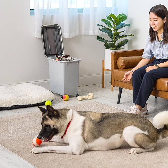 IRIS USA Dog Food Storage Container with Wheels, Airtight Lid, 2-Cup Scoop, Up to 30 Pounds Pet Food Storage, Built in Scoop Storage in Lid, Versatile Pet Food Bin, Portable, BPA Free, Gray/Dark Gray