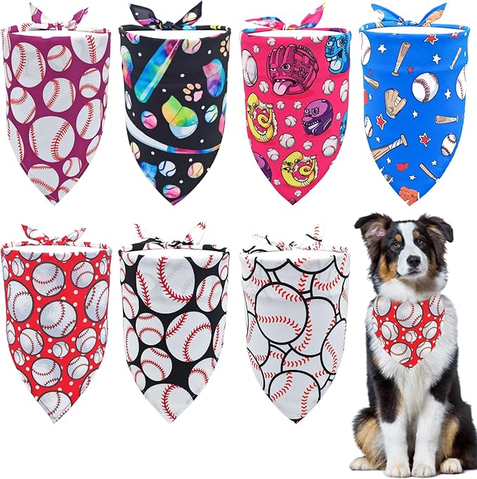 7 PCS Baseball Dog Bandanas for Large Dogs Breed 33 Inch Sewing Hemming Dog Bandana Print One Side XL Drool Bibs Game Day Grooming L