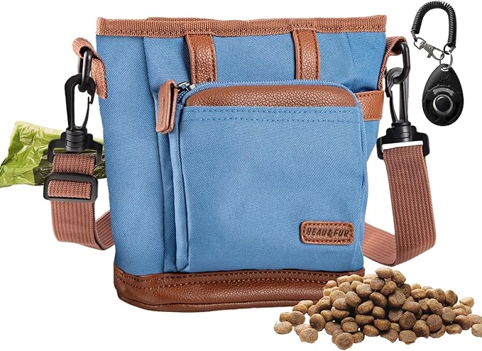 BEAU&FUR Large Dog Treat Pouch with Clicker for Training – 4 Cup Capacity, Built-In Poop Bag Dispenser, Expandable Pocket, Metal Buckle, Large Back Pocket, Ideal Design for Walks and Training – Blue