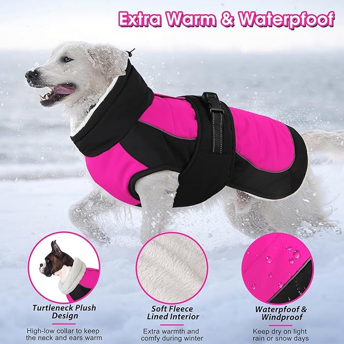 Dogcheer Waterproof Dog Coat, Christmas Dog Winter Jacket, Adjustable Puppy Fleece Coat for Cold Weather, Reflective Turtleneck Snow Jacket for Small Medium Large Dogs - Pink, 2XL