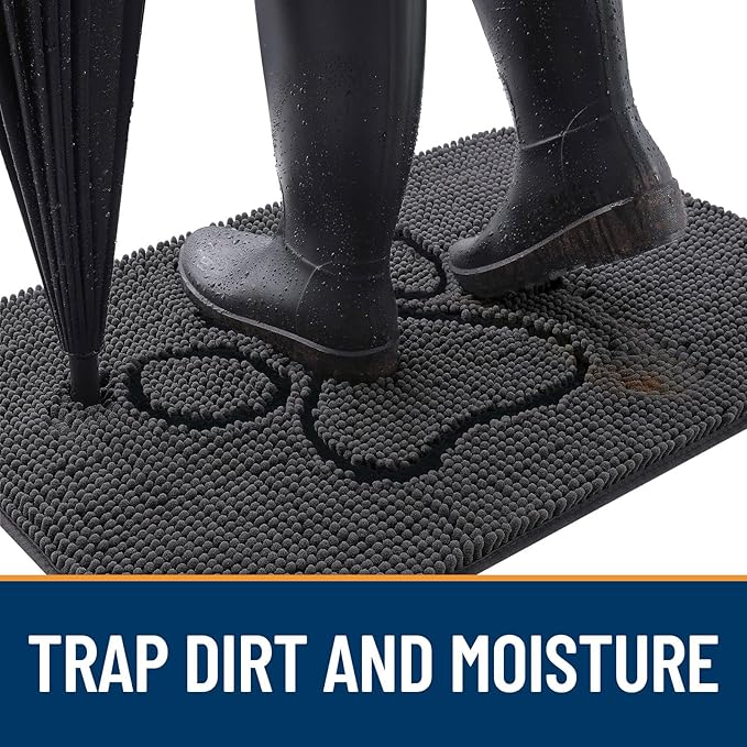 OLANLY Dog Door Mat for Muddy Paws 36x24, Paw Print Design, Absorbs Moisture and Dirt, Non-Slip Washable Doormat, Quick Dry Chenille Mud Mat, Entry Indoor Entryway Carpet, Dark Grey and Black