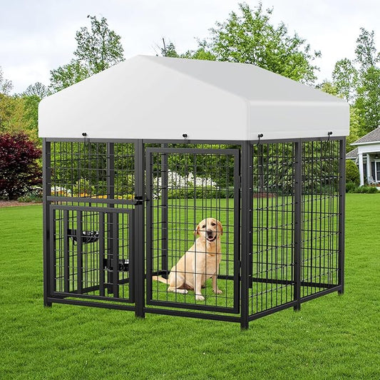 ROOMTEC Large Dog Kennel Outdoor Pet Pens Dogs Run Enclosure Animal Hutch Metal Coop Fence with Roof Cover (4'L x 4'W x 4.25'H)