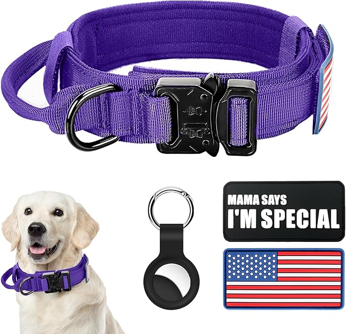 Tactical Military Collar - Adjustable Nylon, Heavy Duty Metal Buckle with Handle for Dog Training, with Patches (Purple, XL)