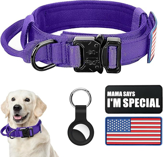 Tactical Dog Collar Military Dog Collar Adjustable Nylon Dog Collar Heavy Duty Metal Buckle with Handle for Dog Training,with Patches(Purple, M)