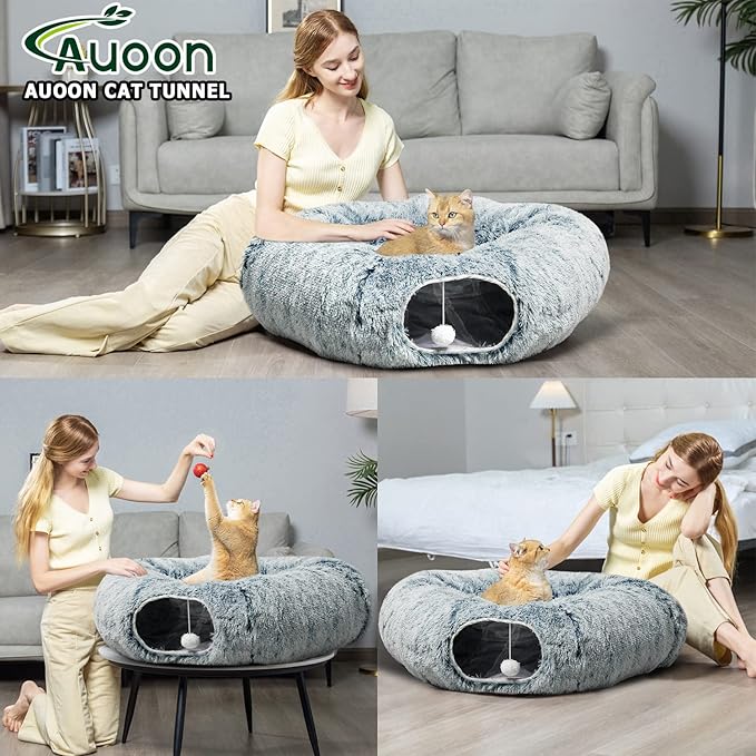 AUOON Cat Tunnel Bed - Cat Donut Tunnel with Soft Plush Circle Cushion for Indoor Cats Kitten Kitty Puppy Rabbit Ferret (Gray)