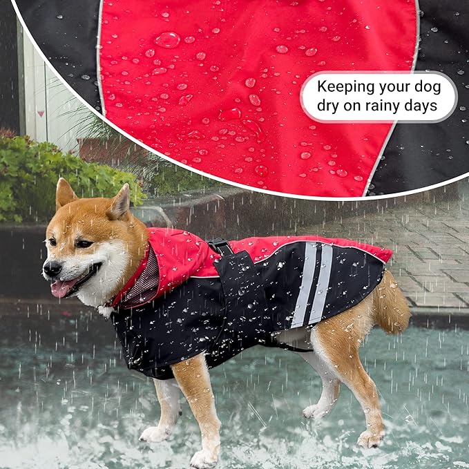 Dog Raincoat for Medium Large Extra Large Dogs, Waterproof Rain Jacket with Reflective Strap, Lightweight Hoodies Full-Body Coverage Dry Clothes (S, Red)