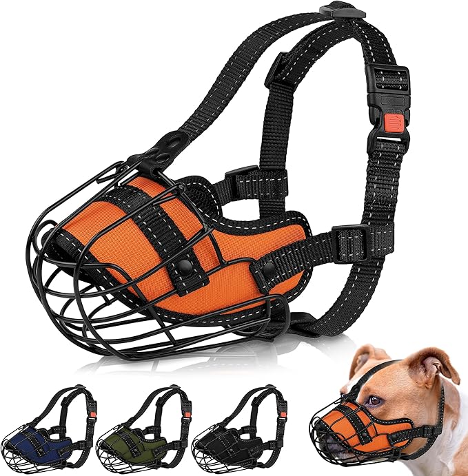 OOPSDOGGY Pitbull Dog Muzzle Reflective Metal Mask Secure Wire Basket Muzzle for Large Sized Dogs Amstaff Soft Cage Muzzle to Prevent Biting Chewing with Adjustable Nylon Straps (Orange, Pitbull)