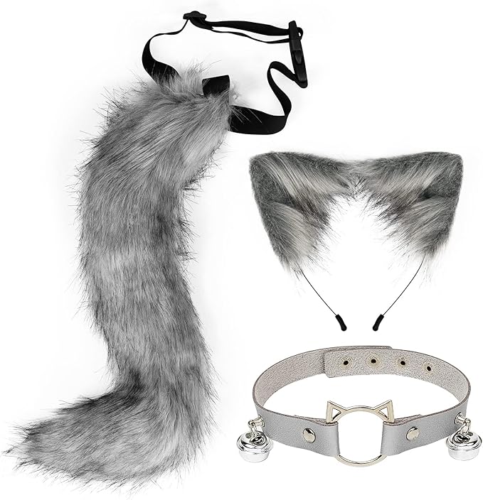 Cat Ears and Wolf Fox Animal Tail Cosplay Costume Faux Fur Hair Clip Headdress Halloween Leather Neck Chocker Set