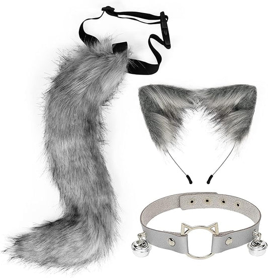 Cat Ears and Wolf Fox Animal Tail Cosplay Costume Faux Fur Hair Clip Headdress Halloween Leather Neck Chocker Set