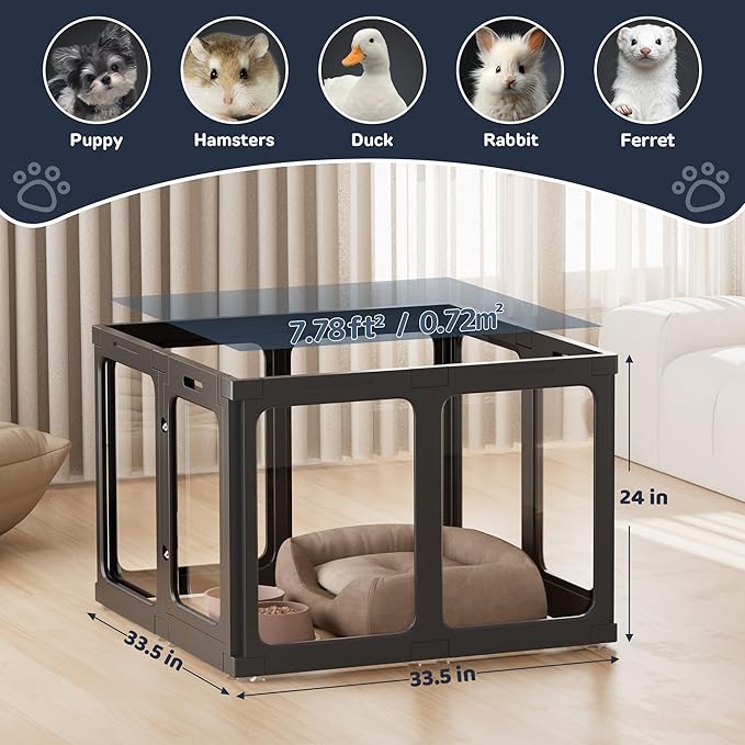 Jalove Acrylic Dog Playpen Indoor, 8 PCS Plastic Puppy Playpen with Door, Clear PlayPen for Dog Cat Rabbit Ferret, Easy Assemble Pen, Preferable Small Cage, Black, 33.5" L x 33.5" W x 24" H
