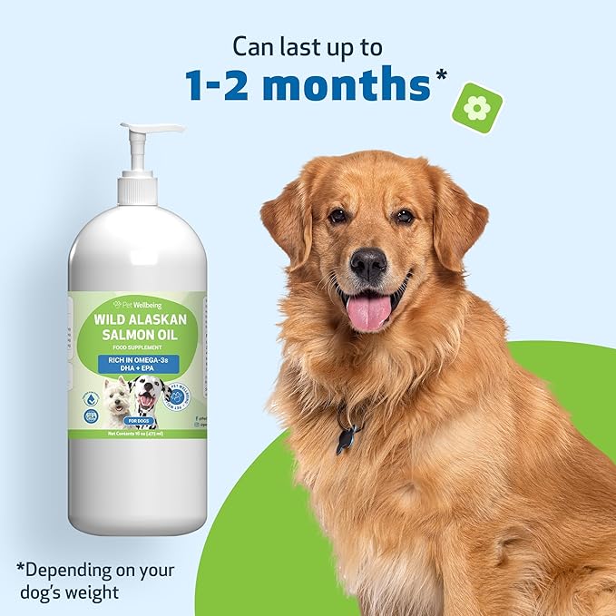 Pet Wellbeing Wild Alaskan Salmon Oil for Dogs - Wild-Caught, Cold-Processed, Daily Omega-3 Fish Oil for Healthy Coat and Skin, Joint Mobility and Strength - EPA, DHA - 16 fl oz (473 ml)